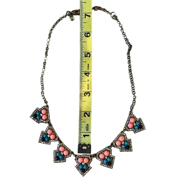 J Crew Antique Look Statement Bib Necklace Gold Peach Blue Rhinestones - Picture 4 of 7
